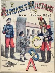 Titelblatt von "Alphabet militaire", Grand-Bebe-Serie. Gravur. Pont-a-Mousson Imaging. Louis Vagne, Drucker-Verleger, um 1900. Illustrationen von G. Dascher. 20 Seiten. Dim: 31,5x24,5cm