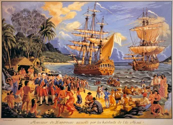 Jean Francois Galaup de Laperouse wird von den Bewohnern der Mawee-Insel auf den Sandwichinseln im Pazifik empfangen (Farblithographie)