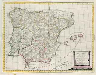 Das antike Spanien, unterteilt in drei Bereiche, nämlich Tarraconensis, Lusitania und Baetica und auch unterteilt in Völker, Stich von G. Zuliani aus Band I des "Neuesten Atlas" veröffentlicht in Venedig 1785 von Antonio Zatta, Privatsammlung