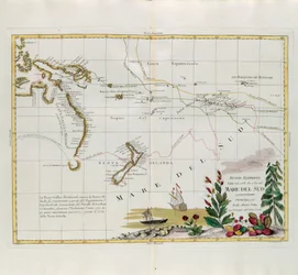 Neue Entdeckungen in den Jahren 1775, 67 und 69 in den Südmeeren, Stich von G. Zuliani aus Band I des Neuesten Atlas, veröffentlicht in Venedig 1776 von Antonio Zatta, Privatsammlung