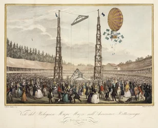Flucht des Bologneser Muzio Muzzi (1809-46) im Luftschiff Retirremiga, 1838