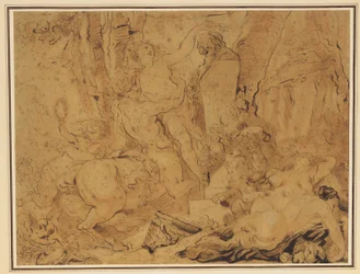 Fest zu Ehren des Gartengottes (Bacchanal mit einer Nymphe, die von einem Zentaur getragen wird und einen Hermen krönt)