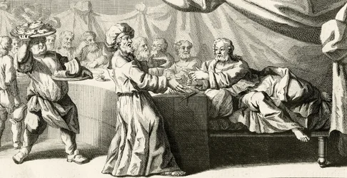 Jesus zum Abendessen mit dem Pharisäer eingeladen, Illustration aus dem Evangelium des Heiligen Lukas, Kapitel 11:37, 1728
