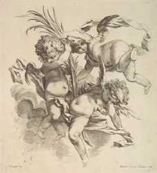 Drei Kinder unter Wolken in der Nähe eines Palmblattes, 1738-45
