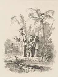 Zwei Frauen führen ein Kind zu einer Teekanne auf einem Tisch in der Nähe eines Teiches, ca. 1742
