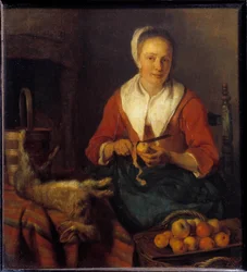 Der Apfelschäler. Eine Frau schält Äpfel zum Kochen mit einem Kaninchen. Gemälde von Gabriel Metsu (1629-1667)