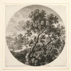 Landschaft mit zwei Reisenden und einer Burg; und Hirte, Schafe und Rinder in einer Landschaft, aus einer Serie von sechs Landschaften