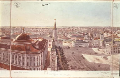Panorama von Moskau, Darstellung des ehemaligen Senatspalastes, der Kremlbefestigungen und des Roten Platzes