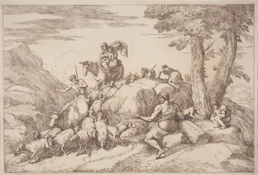 Eine pastorale Reise mit Mutter und Kind zu Pferd und einem älteren Hirten, der sitzt