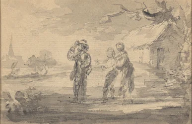 Landschaft mit drei Figuren, Hütte und Kirchturm