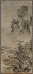 Landschaft: Berge, Bach und Häuser