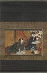 Zwei Geishas lesen aus einem Buch, Edo-Periode