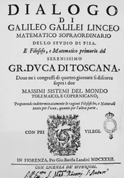 Titelseite von Dialog über die zwei hauptsächlichen Weltsysteme, ptolemäisch und kopernikanisch, von Galileo Galilei, veröffentlicht in Florenz 1632 von Gian Battista Landini