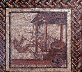 Gallorömische Kunst: Mosaikpflaster, das einen rustikalen Kalender darstellt. Eine Ölpresse. Ende 2. Anfang 3. Jahrhundert nach Christus. Aus Saint-Romain-en-Gal (Rhone). Saint Germain en Laye, Nationalmuseum für Archäologie