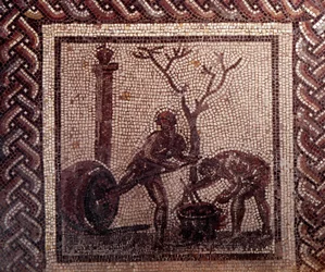 Gallorömische Kunst: Mosaikpflaster, das einen rustikalen Kalender darstellt. Szene des Krugtragens. Ende 2. Anfang 3. Jahrhundert n. Chr. Aus Saint-Romain-en-Gal (Rhône). Saint Germain en Laye, Nationalmuseum für Archäologie