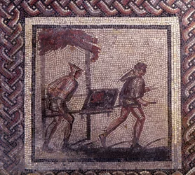 Gallorömische Kunst: Mosaikpflaster, das einen rustikalen Kalender darstellt. Misttransportszene. Ende 2., Anfang 3. Jahrhundert n. Chr. Aus Saint-Romain-en-Gal (Rhône). Saint-Germain-en-Laye, Nationalmuseum für Archäologie