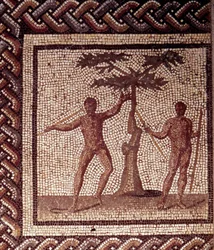 Gallorömische Kunst: Mosaikfußboden mit der Darstellung eines bäuerlichen Kalenders. Fest der Schnitter. Ende des 2., Anfang des 3. Jahrhunderts n. Chr. Aus Saint-Romain-en-Gal (Rhône). Saint-Germain-en-Laye, Nationalmuseum für Archäologie