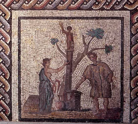 Gallorömische Kunst: Mosaikpflaster, das einen rustikalen Kalender darstellt. Opferszene für Ceres und Apollo. Ende 2. Anfang 3. Jahrhundert n. Chr. Aus Saint-Romain-en-Gal (Rhône). Saint Germain en Laye, Nationalmuseum für Archäologie