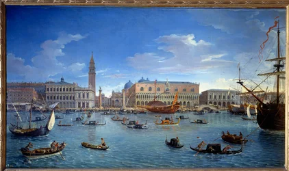 Blick auf Venedig, die Anlegestelle, den Platz und den Dogenpalast, von der Insel San Giorgio
