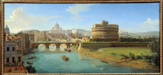 Ansicht der Engelsburg in Rom. Panorama der Stadt, des Tiber und der Engelsburg, Mausoleum des Kaisers Hadrian. Gemälde von Gaspare Vanvitelli (1653-1736) 18. Jahrhundert Rouen, Museum