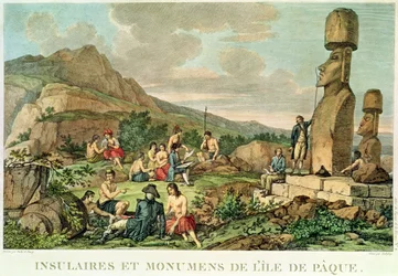Insulaner und Monumente von Osterinsel, Tafel 11 aus dem Atlas de Voyage de La Perouse, 1785-88 (Gravur)