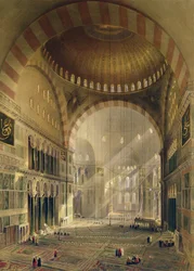 Haghia Sophia, Tafel 24: Innenansicht der zentralen Kuppel mit abgesenkten Kronleuchtern, graviert von Louis Haghe, veröffentlicht 1852