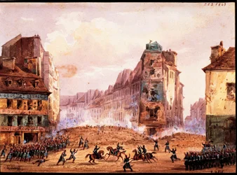 Szene aus der Revolution von 1848, Barrikade in der Rue Sainte-Catherine im Februar, von Gobaut, Frankreich