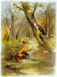 La Fontaines Fabel: Der Rabe und der Fuchs (Illustration, ca. 1900)