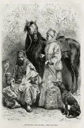 Porträts von Mr. Wilfrid Blunt (1840-1922), Dichter und Schriftsteller, und seiner Frau, Lady Anna Blunt (geb. King Noel) (1837-1917), die erste europäische Frau, die den Nahen Osten erkundete, in Reisekleidung, vor einem der arabischen Pferde in ihren Stä