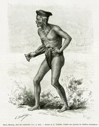 Sibou Mobang, Oberhaupt der Kannibalen. Stich von G. Vuillier zur Illustration des Berichts De Koutei a Bandjirmasin, Reise durch Borneo, von Carl Bock, in Le Tour du Monde, 1890, unter der Leitung von Edouard Charton (1807-1890), Hachette, Paris.