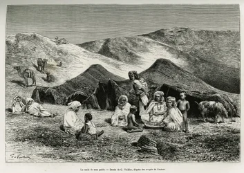 Die Nezla (Verwandte) meines Führers. Gravur von G. Vuillier, zur Illustration der Algerischen Sahara von V. Largeau, 1874-1878, veröffentlicht in Le tour du monde, unter der Leitung von Edouard Charton (1807-1890)