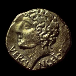 Gallischer Goldstatere (Arverner) mit dem Abbild von Vercingetorix (72-46 v. Chr.) ausgegeben 52 v. Chr.