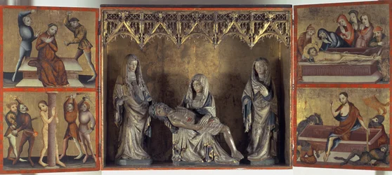 Altarbild, das die Beweinung und die Passion Christi darstellt (Altar der Heiligen Elisabeth von Thüringen), um 1410