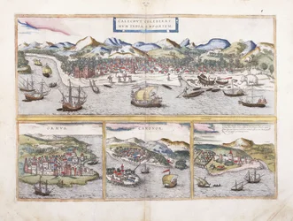 Ansicht von Kalkutta, Indien, und darunter kleinere Ansichten von Ormuz am Eingang des Persischen Golfs, Canonor in Indien und der portugiesischen Festung El Mina in Westafrika, 1572