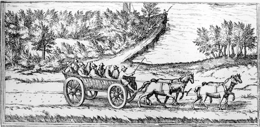 Kutsche mit Passagieren in Frankreich, Detail einer Karte, Ende des 16. Jahrhunderts
