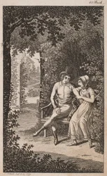 Illustration mit Paar auf einer Bank im Garten