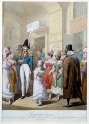 Paris: die Galerien des Palais Royal in Paris. Männer gehen durch den überdachten Durchgang, um Prostituierte zu treffen