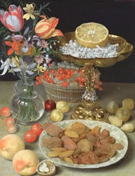 Stillleben mit Blumen und Dessert
