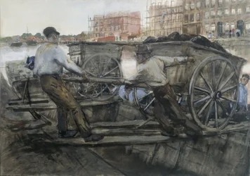 Arbeiter ziehen einen schwer beladenen Wagen auf der Jacob van Lennepkade, Amsterdam, 1900
