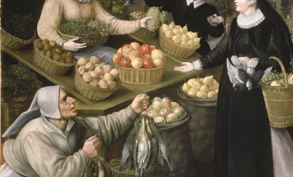 Eine Allegorie des Herbstes: ein Obst- und Gemüsestand über dem Weinmarkt in Frankfurt am Main