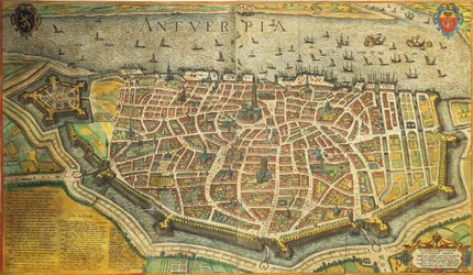 Belgien, Antwerpen von Georg Braun und Franz Hogenberg aus Civitates Orbis Terrarum, Farbgravur