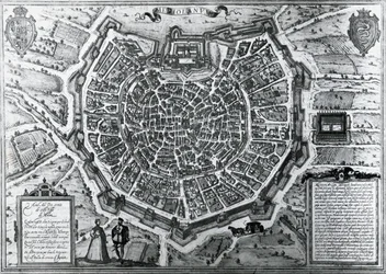 Stadtplan von Mailand, 1572, von Antonio Lafreri (1512-1577), veröffentlicht von Georg Braun und Franz Hogenberg, Italien