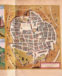 Italien, Sulmona, Die Stadt Sulmona aus Civitates Orbis Terrarum von Georg Braun und Franz Hogenberg, Kupferstich
