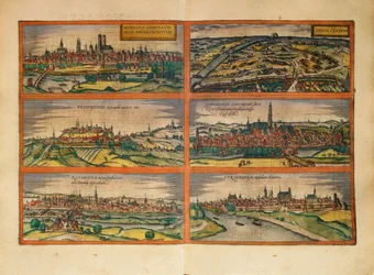 Karte von München, Ingolstadt, Freising, Nördlingen, Regensburg und Straubing, Deutschland, aus Civitates Orbis Terrarum von Georg Braun