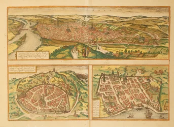 Karte von Rouen, Nimes und Bordeaux aus Civitates Orbis Terrarum