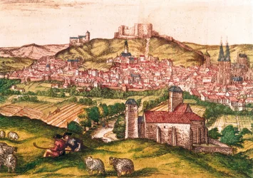 Stadt Burgos in Spanien mit Hirten und Schafherde im Vordergrund (1576)