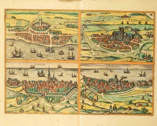 Helsingborg, Lund, Malmö, Elbogen und Landskrona, aus Civitates Orbis Terrarum, Köln