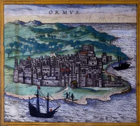 Die iranische Insel Ormuz oder Hormuz auf dem Weg zu den Indes nach dem Atlas „Civitates Orbis Terrarum“ von Braun und Hogenberg