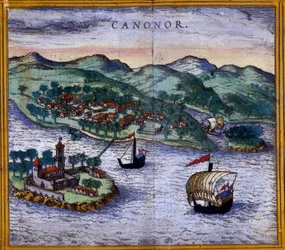 Ansicht von Canonor (oder Cannanore) in Indien aus einer Ausgabe von „Civitates Orbis Terrarum“ von Braun und Hogenberg