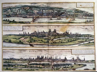 Ansichten von drei Städten in Deutschland: Heidelberg, Speyer, Worms. Atlas von Braun und Hogenberg. 1550